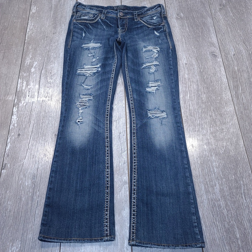 Silver Jeans Aiko Mid Boot Women 29x32 Blue Distressed Bootcut Jeans